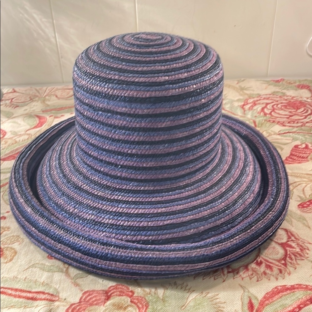 Laura Ashley Slate Blue, Purple Black Striped Straw Curled up Edge Hat